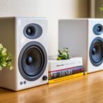white and black speaker on brown wooden table
